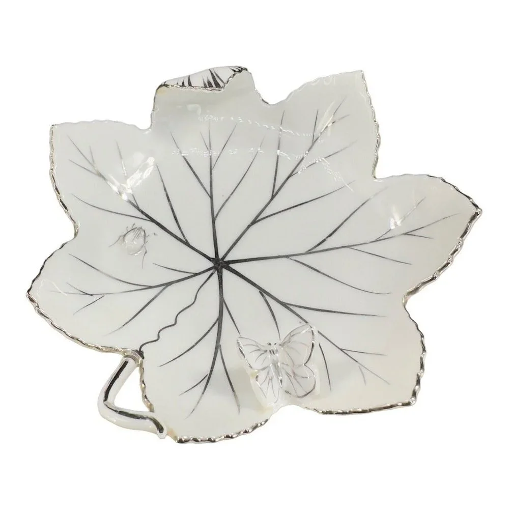 Andrea By Sadek Hand Painted Leaf Dish‎ Bowl Silver Overlay Butterfly And A Bug